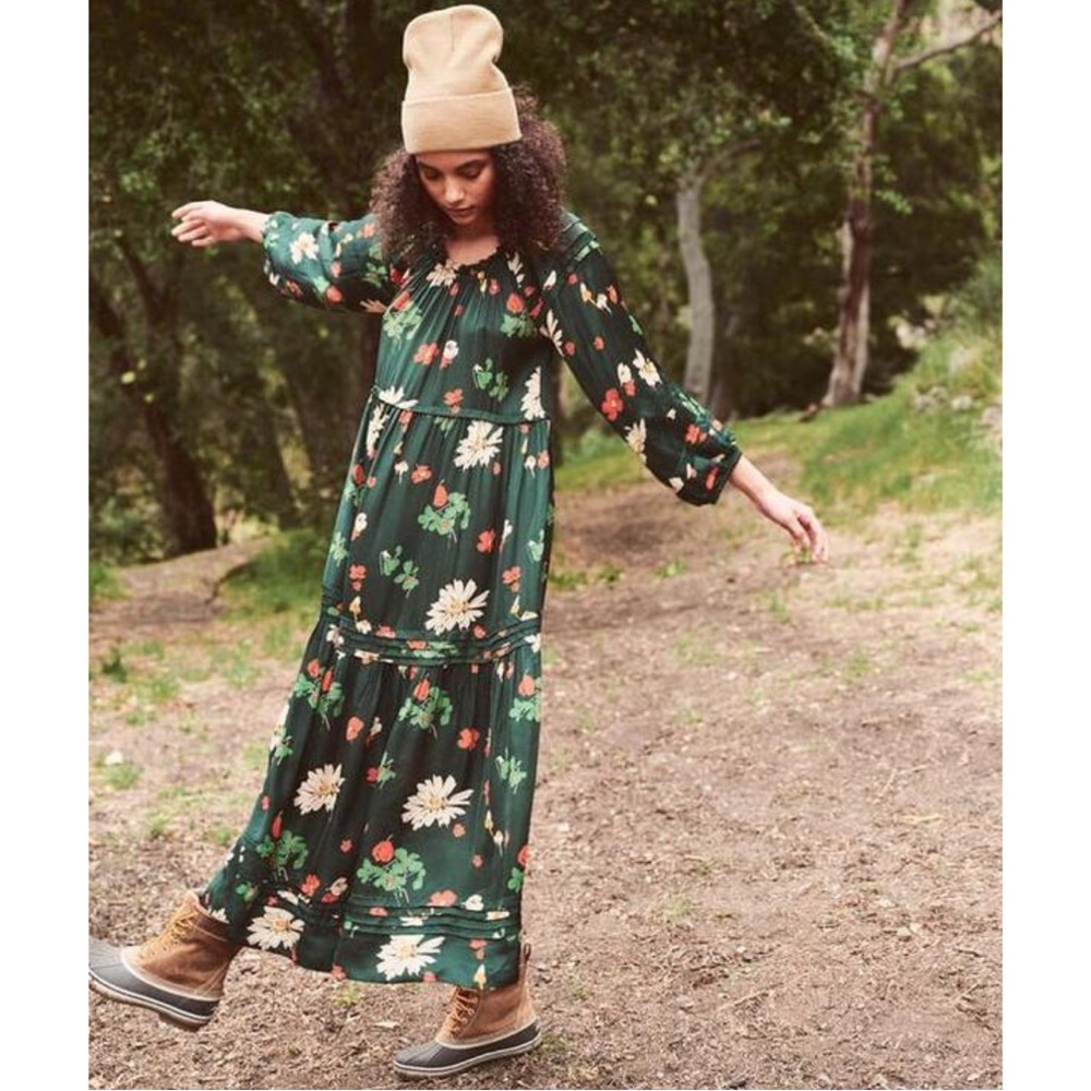 THE GREAT. Dark Green Floral Midi Dress